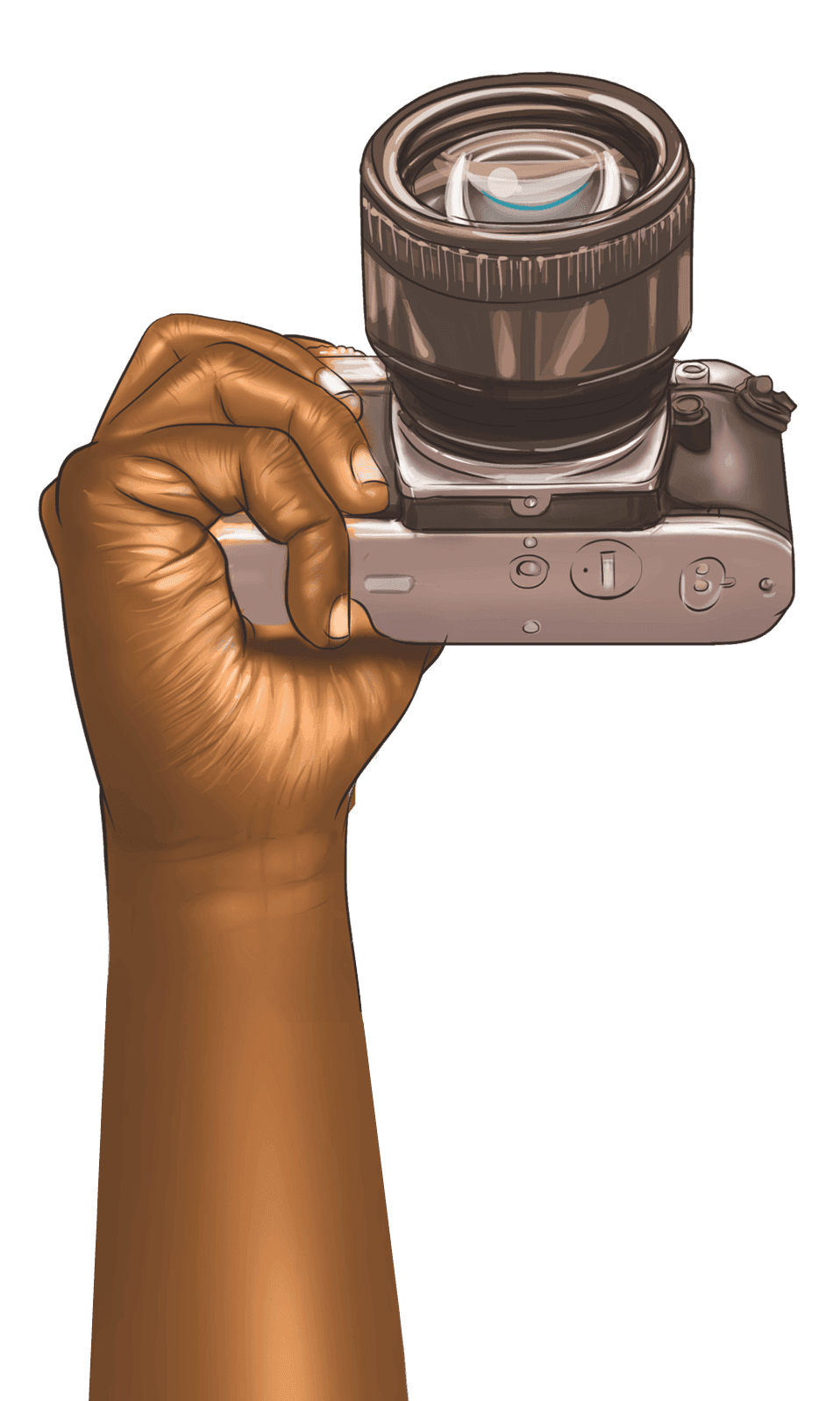 African hand holding professional camera